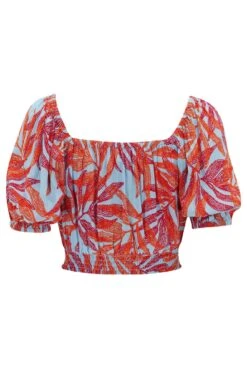 Crinkle Viscose Bardot Smock Tie Top - Aqua Palm -Sultry Curve 313680 20230518151000