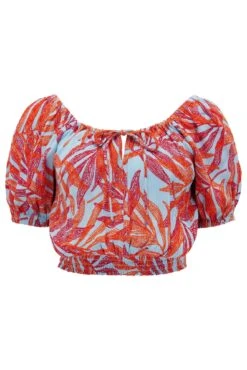 Crinkle Viscose Bardot Smock Tie Top - Aqua Palm -Sultry Curve 313681 20230518151000