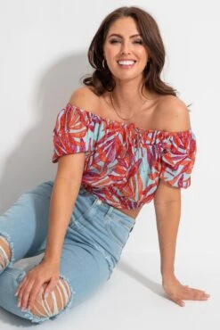 Crinkle Viscose Bardot Smock Tie Top - Aqua Palm -Sultry Curve 313683 20230518151100