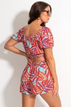 Crinkle Viscose Bardot Smock Tie Top - Aqua Palm -Sultry Curve 313685 20230518151000