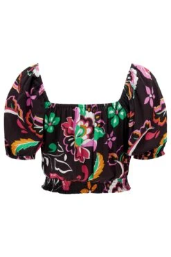 Crinkle Viscose Bardot Smock Tie Top - Black/Multi -Sultry Curve 313686 20230404121500