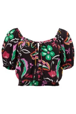 Crinkle Viscose Bardot Smock Tie Top - Black/Multi -Sultry Curve 313687 20230404121500