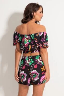 Crinkle Viscose Bardot Smock Tie Top - Black/Multi -Sultry Curve 313691 20230404121500