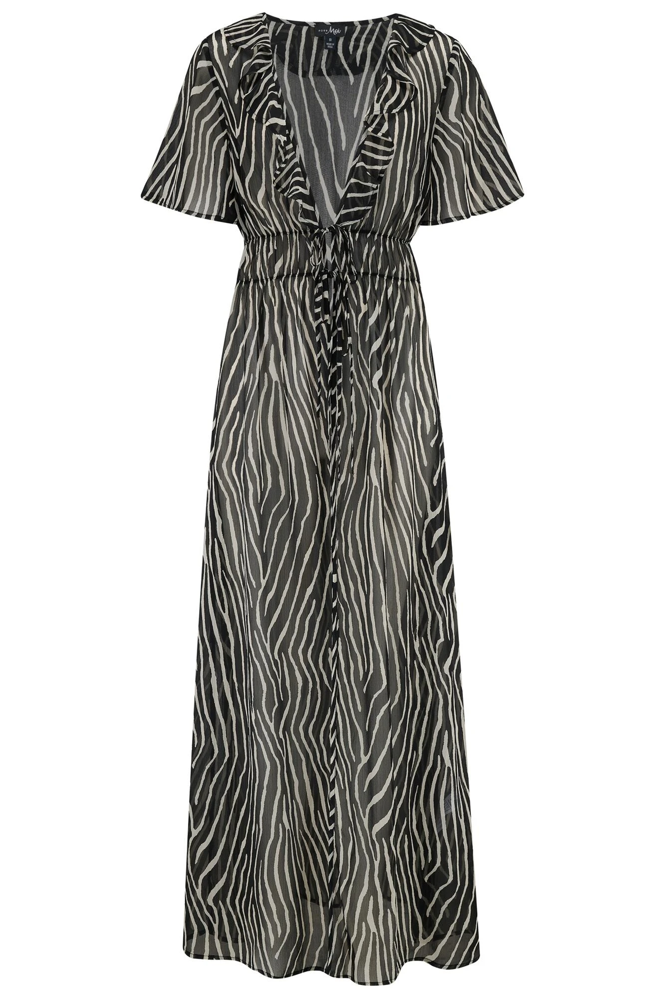 Frill Detail Double Tie Chiffon Kimono - Black/Neutral 11 Frill Detail Double Tie Chiffon Kimono - Black/Neutral - Image 9