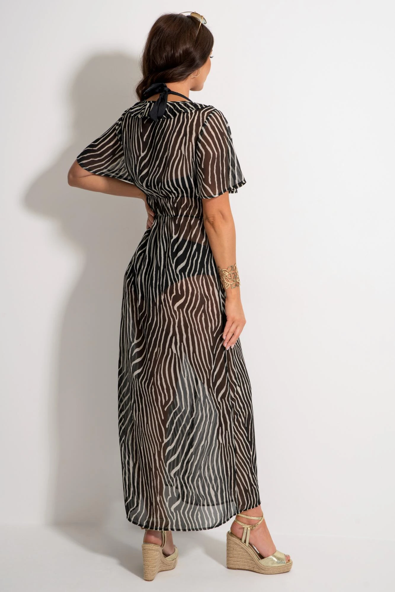 Frill Detail Double Tie Chiffon Kimono - Black/Neutral 9 Frill Detail Double Tie Chiffon Kimono - Black/Neutral - Image 7