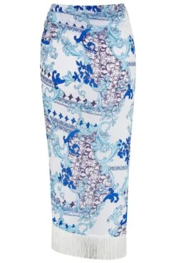 Fringe Trim Crinkle Woven Multiway Sarong - White/Blue -Sultry Curve 313819 20230404122900