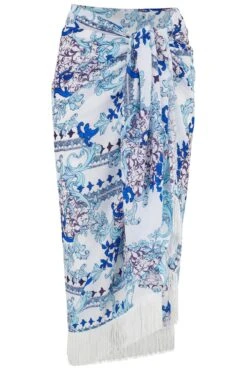 Fringe Trim Crinkle Woven Multiway Sarong - White/Blue -Sultry Curve 313820 20230404122900