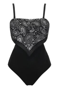 Scarf Strapless Tummy Control Swimsuit - Black Paisley -Sultry Curve 314735 20230524154300