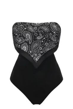Scarf Strapless Tummy Control Swimsuit - Black Paisley -Sultry Curve 314736 20230524154300
