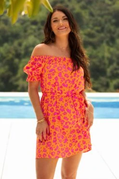 Woven Puff Sleeve Belted Bardot Dress - Orange/Pink 10 Woven Puff Sleeve Belted Bardot Dress - Orange/Pink -Sultry Curve 316280 20230517155500