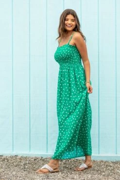Removable Straps Shirred Bodice Maxi Dress - Green/White