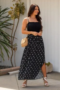 Removable Straps Shirred Split Maxi Dress - Black/White -Sultry Curve 316443 20230519164100