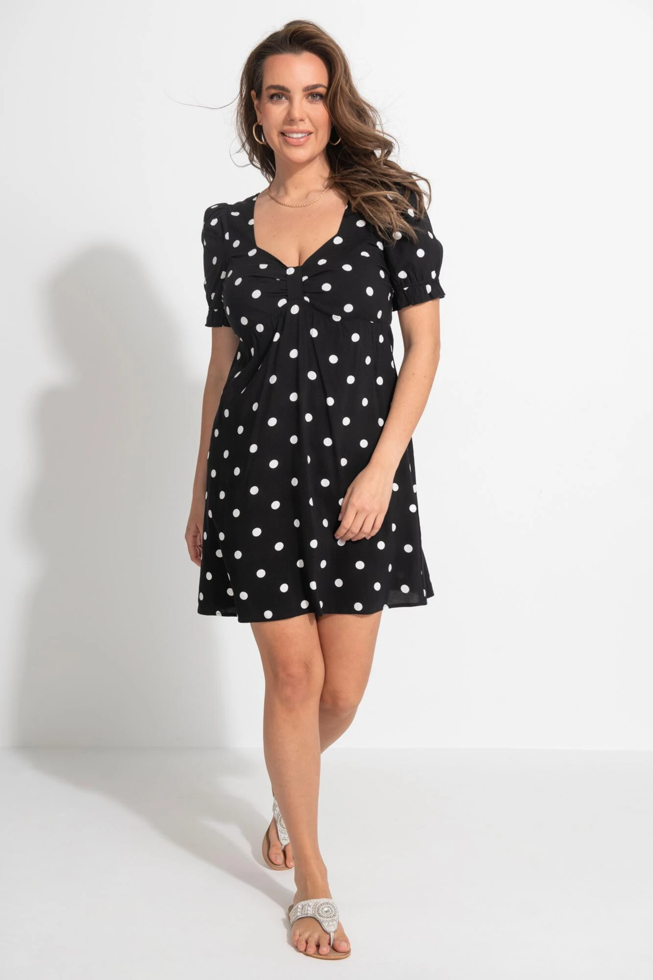 Shirred Back Puff Sleeve Mini Beach Dress - Mono Spot 3 Shirred Back Puff Sleeve Mini Beach Dress - Mono Spot