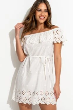 Cotton Broderie Bardot Mini Beach Dress - White -Sultry Curve 320568 20230818155100